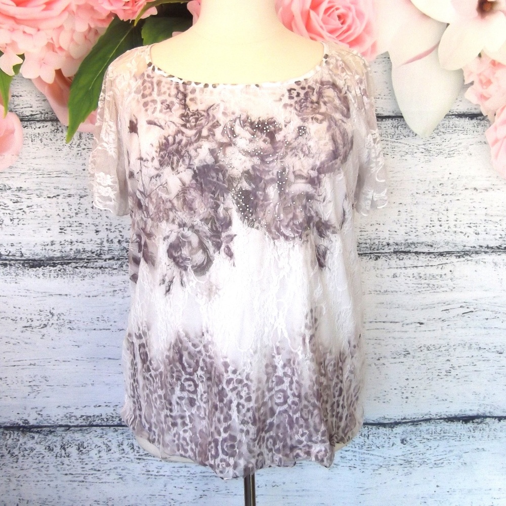 Dress Barn Lace Embellished Animal Print Top 3X
